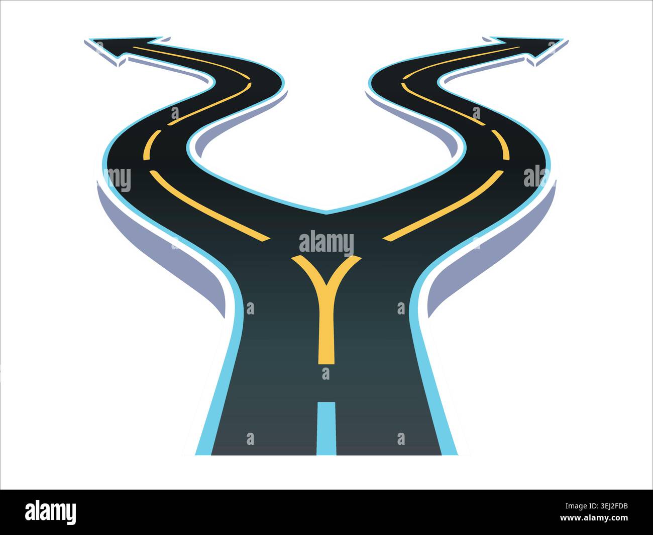 Un vettore stradale stilizzato 3D concettuale suddiviso in due percorsi curvilinei con punte a freccia che mostrano un bivio in autostrada per le opzioni decisionali. Illustrazione Vettoriale