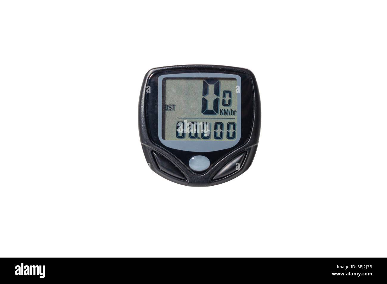 Computer per bicicletta isolato su sfondo bianco. Accessori e attrezzature per ciclismo. Contachilometri. Foto di alta qualità Foto Stock