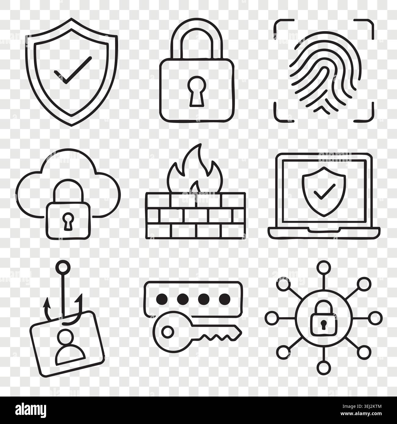 Icone della linea di autenticazione dell'identità e della privacy delle informazioni impostate con impronte digitali biometriche, accesso tramite password, Web globale sicuro e simboli di blocco Illustrazione Vettoriale