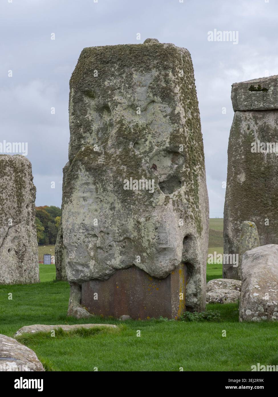 Pietra riparata, parte della sezione principale di Stonehenge sulla pianura di Salisbury, Wiltshire, Regno Unito. Foto Stock
