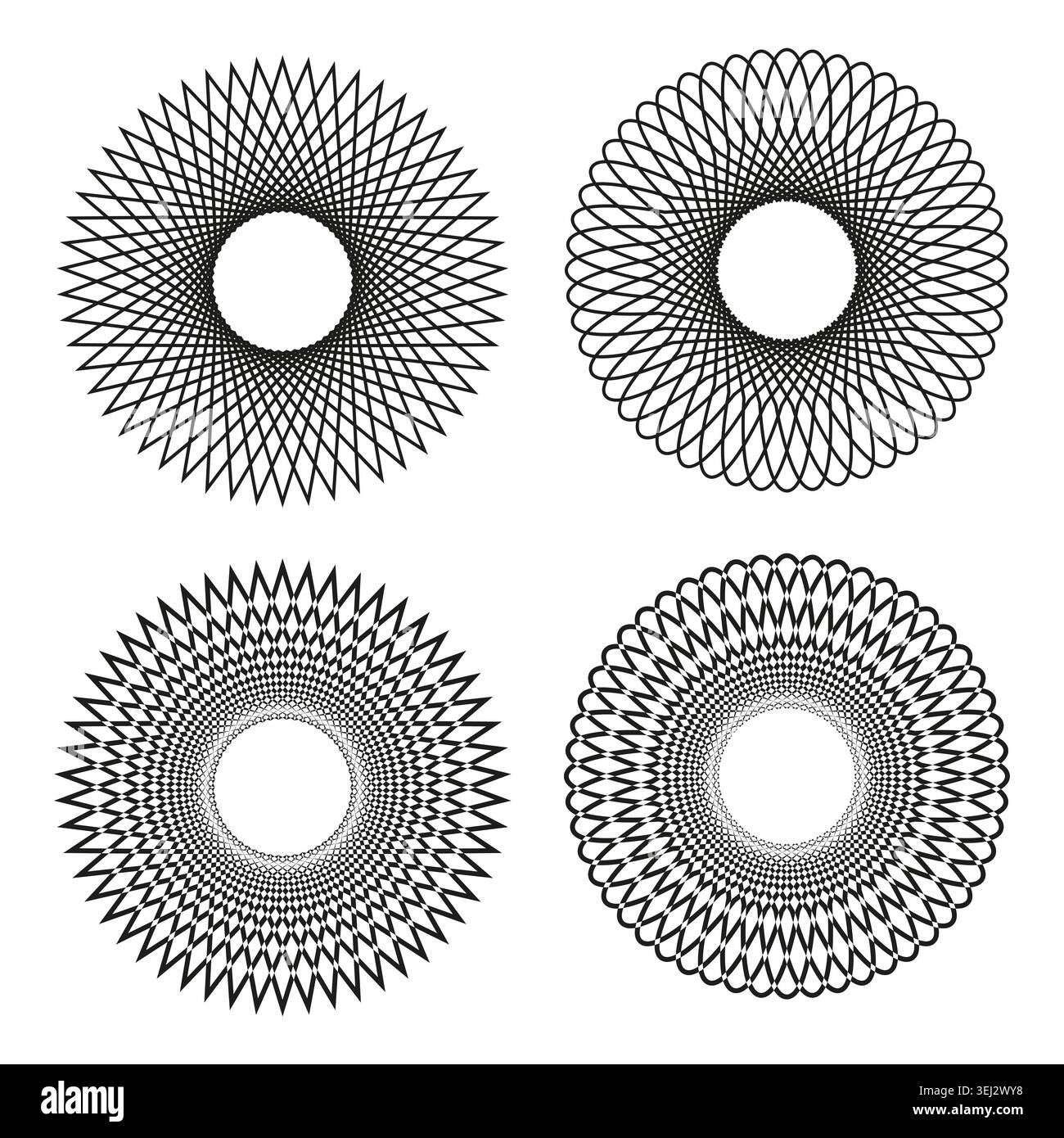 Set di quattro vettori circolari a guilloche. Ideale per filigrane di documenti ufficiali e marchi eleganti. Illustrazione Vettoriale