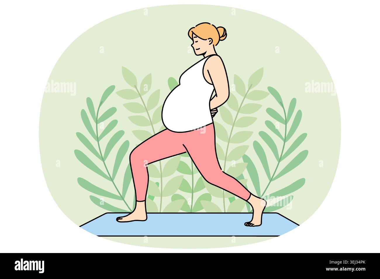 Donna incinta fa yoga su materassino fitness, prendersi cura della salute di se stessa e del bambino non ancora nato. La ragazza incinta si prepara a diventare madre praticando yoga e pilates per sostenere il sistema immunitario. Illustrazione Vettoriale