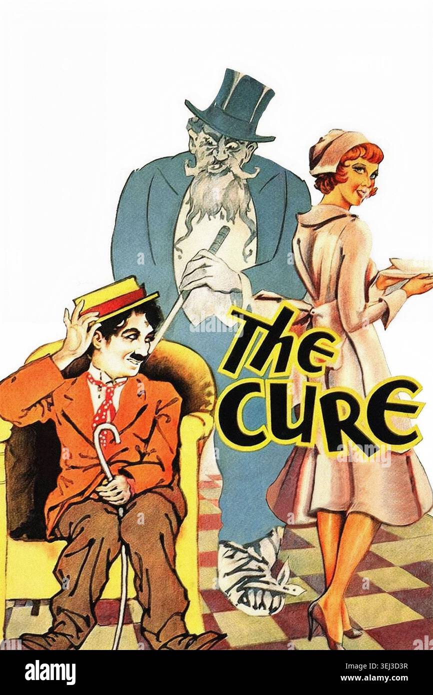Poster cinematografico d'epoca per The cure (1917), la commedia muto scritta, diretta ed eseguita da Charlie Chaplin. L'illustrazione raffigura Chaplin in un'ambientazione umoristica spa insieme a personaggi di supporto, che riflettono il tono giocoso del film e lo stile promozionale dell'inizio del XX secolo. Foto Stock