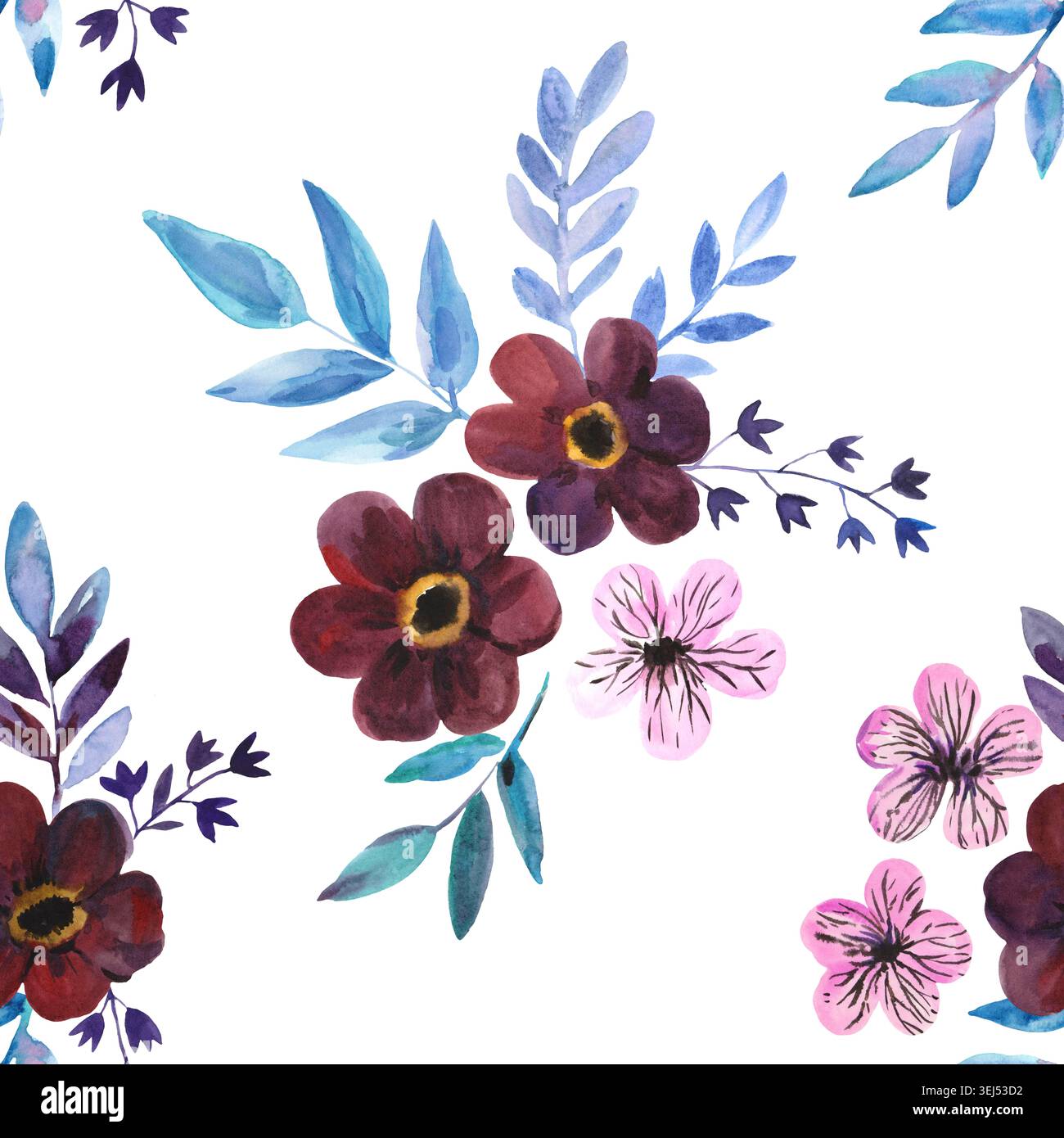 Acquerello senza cuciture con graziosi fiori viola scuro e foglie blu. Pittura espressiva a mano libera. Eleganza romantica bella stampa per il matrimonio Foto Stock