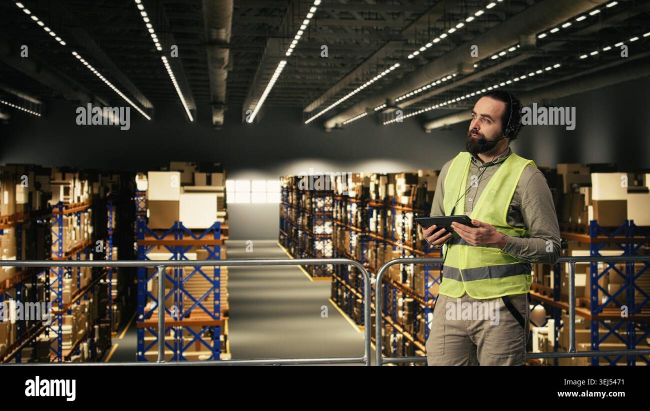 Addetto al servizio clienti che utilizza l'auricolare per le chiamate telefoniche relative allo stato del carico e alla consegna rapida, lavorando in un centro di gestione delle operazioni di magazzino. Lavoratore che verifica i numeri di tracciamento sul tablet. Foto Stock