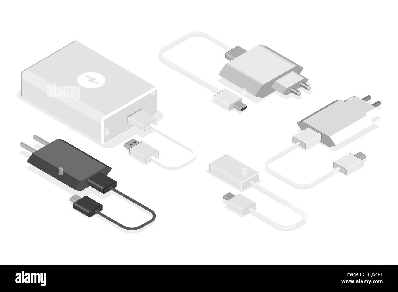 Set piatto isometrico 3D di caricabatterie per telefoni cellulari, Powerbank e apparecchiature di ricarica Foto Stock
