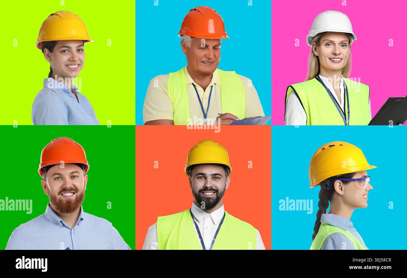 Ingegneri con elmetti. Raccolta di ritratti su sfondi a colori Foto Stock