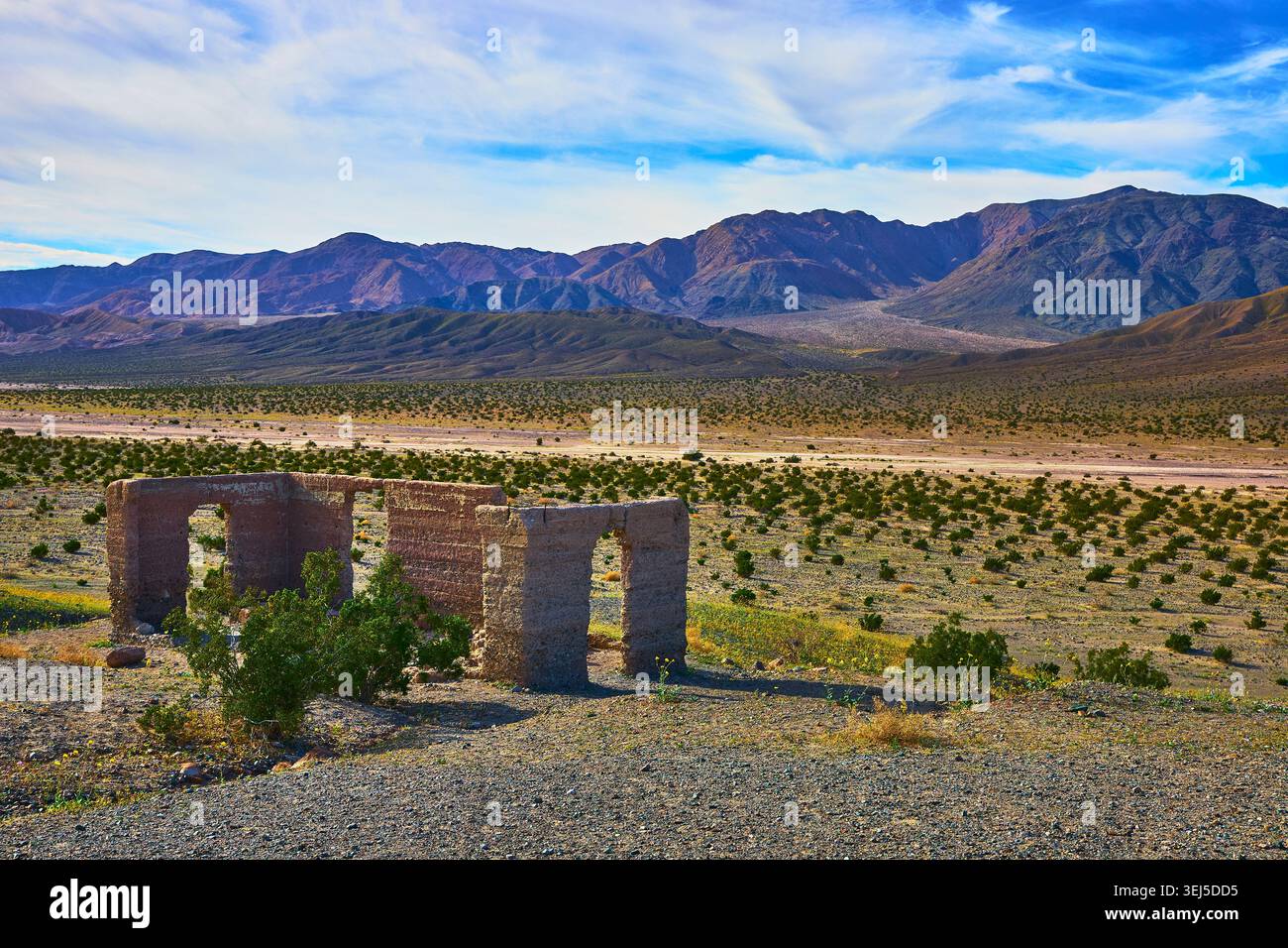 Le rovine di Ashford Mill con il paesaggio del deserto e la catena montuosa nella Death Valley Foto Stock