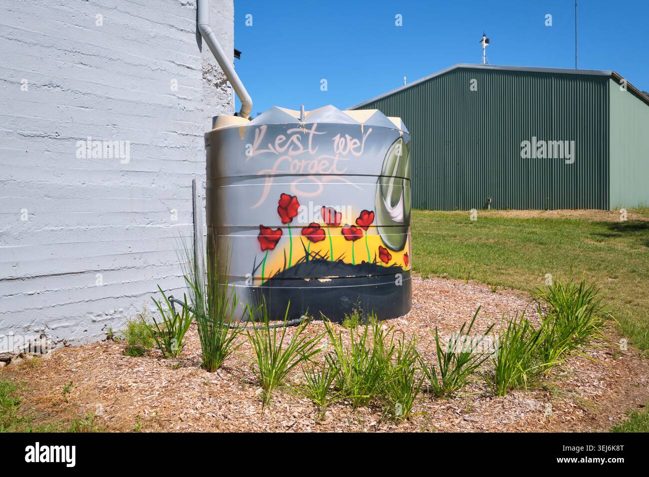 Un serbatoio d'acqua verniciato con papaveri rossi per ANZAC, per non dimenticarlo. A Tallong, nuovo Galles del Sud, Australia. Foto Stock