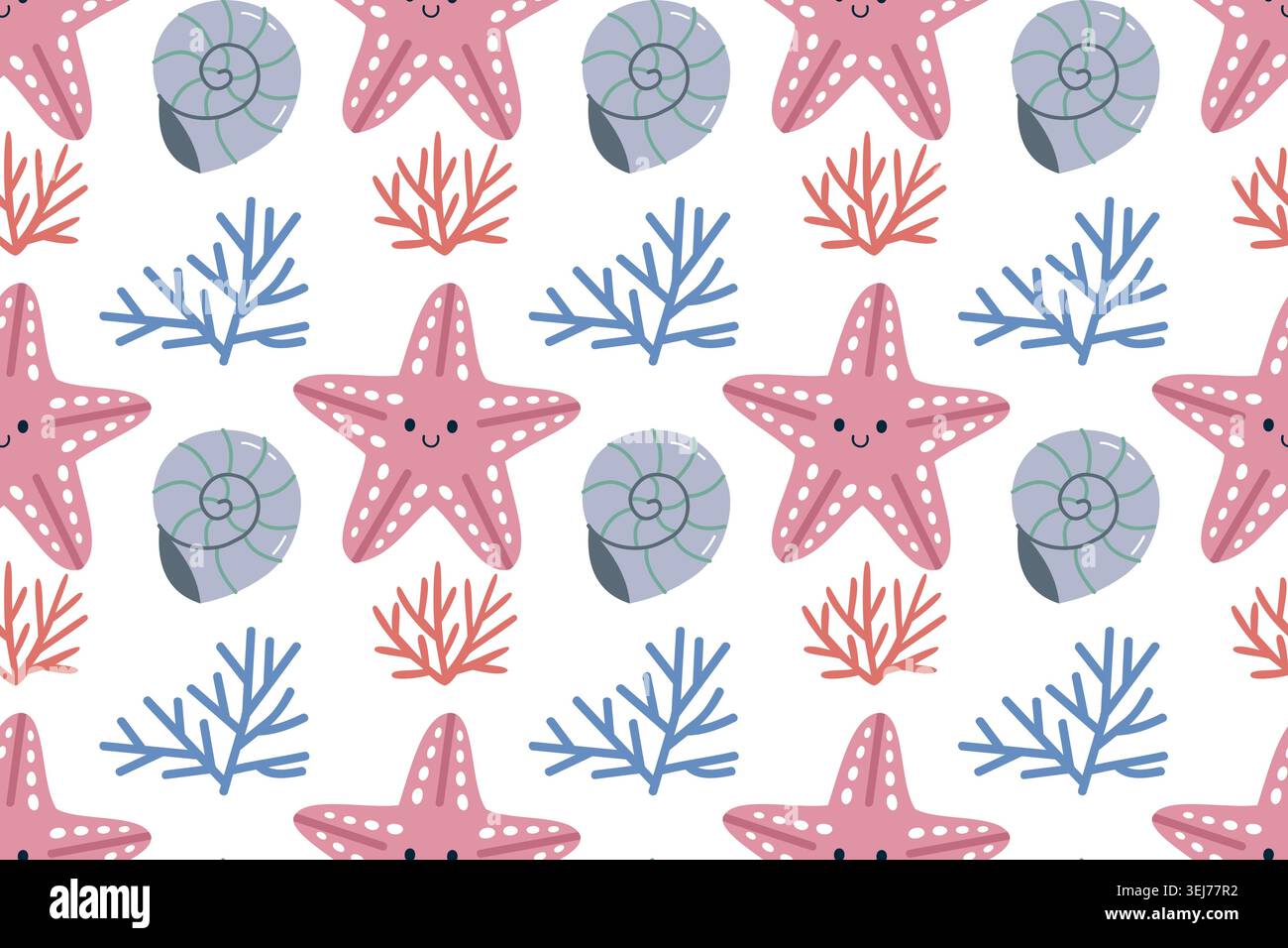 Simpatico illustrazione Starfish e Seashell Seashell Seashell Seamless Pattern Vector Illustrazione Vettoriale