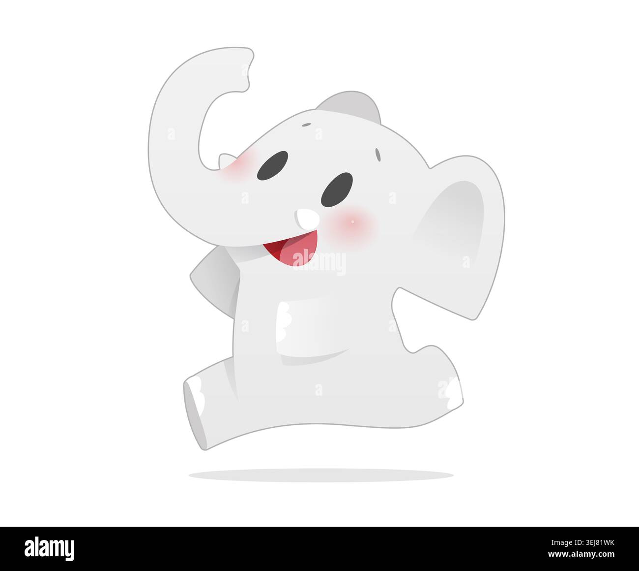 Simpatica mascotte di elefante cartoni animati bianchi sorridente e salta con un'espressione giocosa su sfondo isolato. Foto Stock