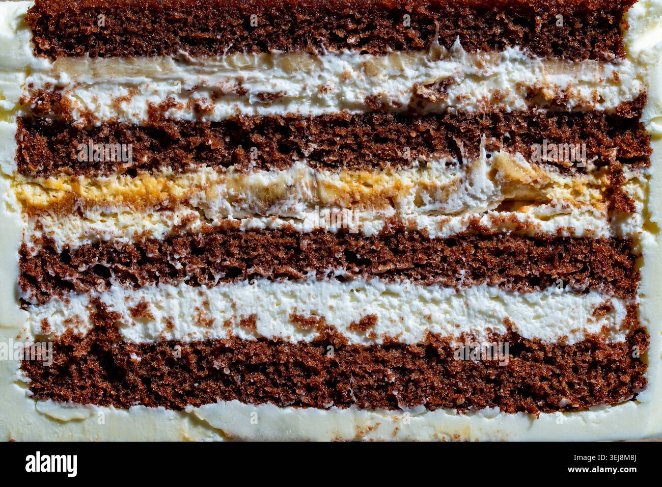 Primo piano della sezione trasversale della torta al cioccolato a strati. Consistenza di fondo macro di una torta al cioccolato multistrato con panna bianca e ripieno di caramello Foto Stock