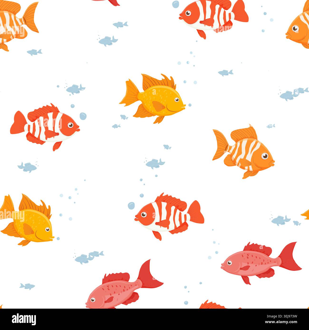 Divertenti pesci tropicali e bollicine, motivo estivo senza cuciture. illustrazione vettoriale. Animali marini, isolati su uno sfondo bianco su uno sfondo bianco. Illustrazione Vettoriale