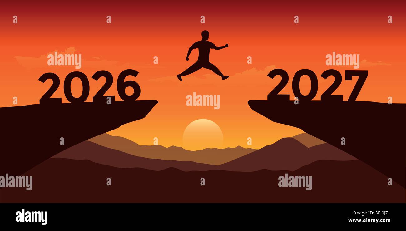 uomo che salta sopra una scogliera da 2026 a 2027 illustrazione vettoriale Illustrazione Vettoriale