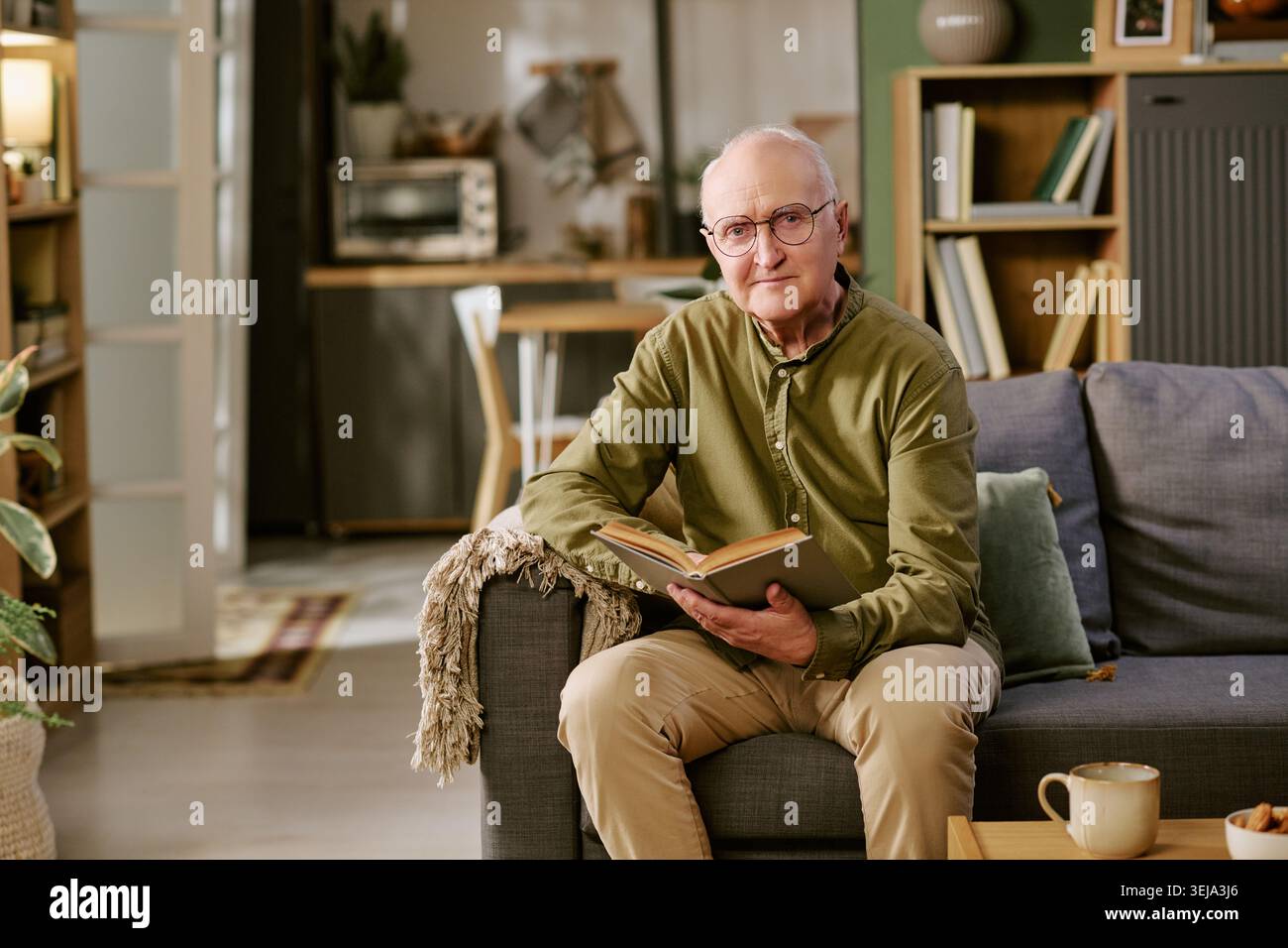 Ritratto dell'uomo anziano che legge il libro a casa per lo stile di vita pensionistico Foto Stock