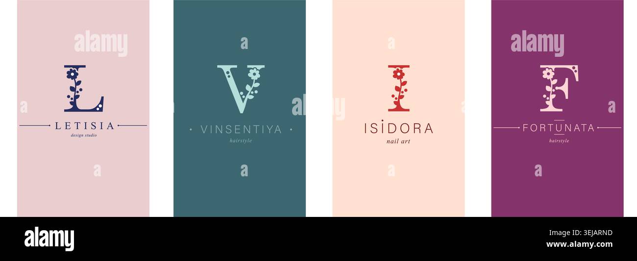 Logo V, L, lettera maiuscola i, F. monogramma di Botanical minimalistic, iniziale. Con elementi vegetali organici. Camomilla, dente di leone. Illustrazione Vettoriale