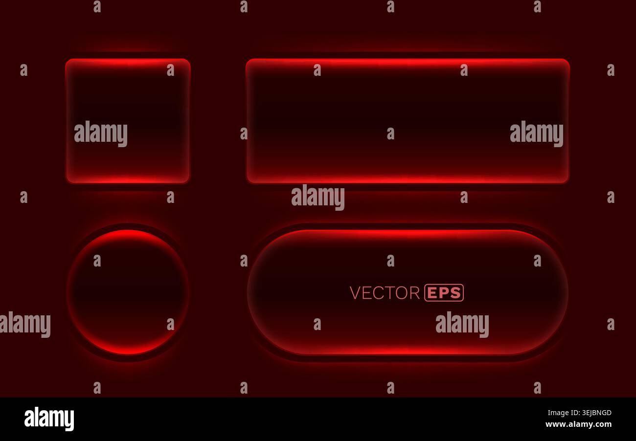 Set di cornici e pulsanti luminosi al neon rosso. Elementi di design futuristici dell'interfaccia utente con un brillante effetto luminoso. Illustrazione vettoriale. Illustrazione Vettoriale