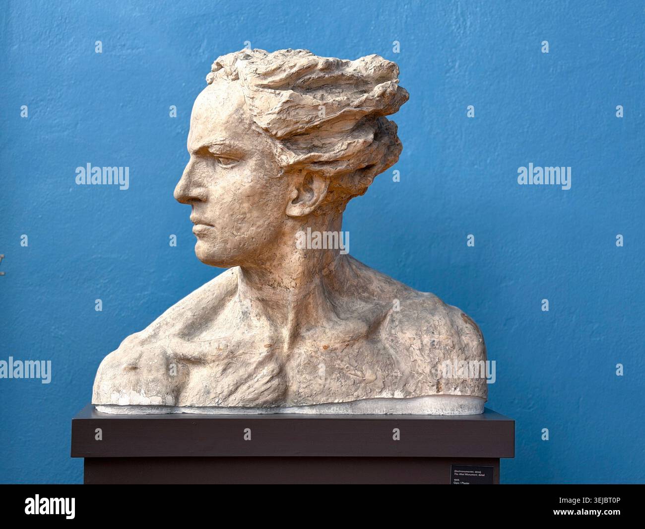 Busto in gesso di Camilla Collett dello scultore norvegese Gustav Vigeland in mostra contro il blu vibrante Foto Stock