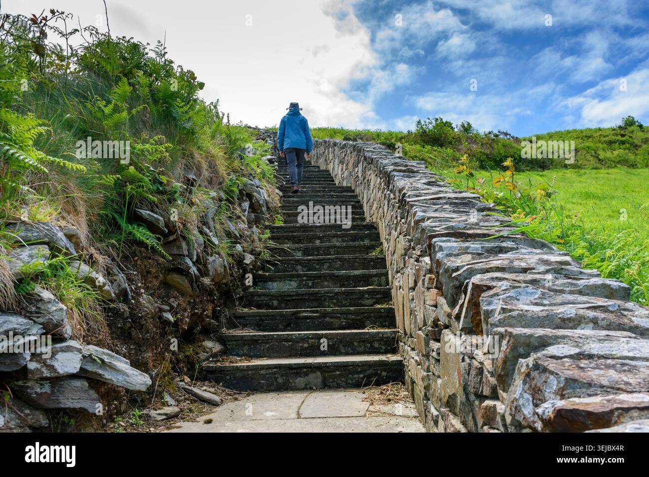 Un visitatore che sale gradini che portano al forte di Knockdrum Stone. Vicino al villaggio di Castletownshend, Co Cork, Irlanda. Foto Stock