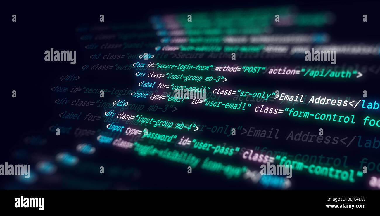 Frammento di codice HTML luminoso di un modulo di accesso sicuro con campi di immissione e-mail e password su sfondo scuro Foto Stock