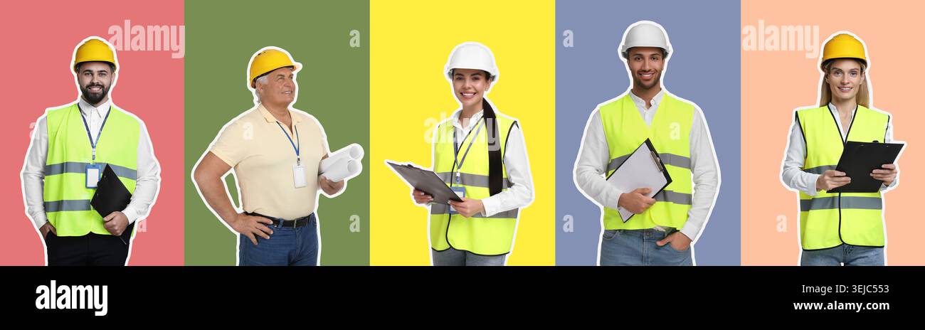 Ingegneri con elmetti. Raccolta di ritratti su sfondi a colori Foto Stock