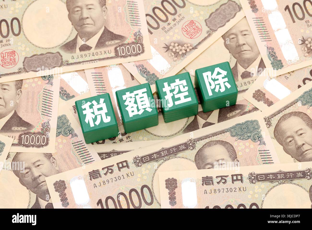 Banconote da diecimila yen e cubi di legno. Soldi giapponesi. I cubi sono scritti come "credito d'imposta", le banconote sono scritte come "10.000 yen" in giapponese. Foto Stock