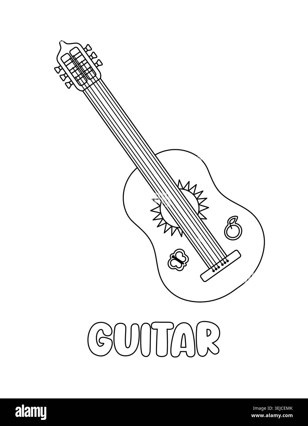 Lettera G. chitarra. Pagina di colorazione dell'ABC per bambini. Illustrazione vettoriale in bianco e nero disegnata a mano per bambini. Disegno e testo accattivanti per Illustrazione Vettoriale