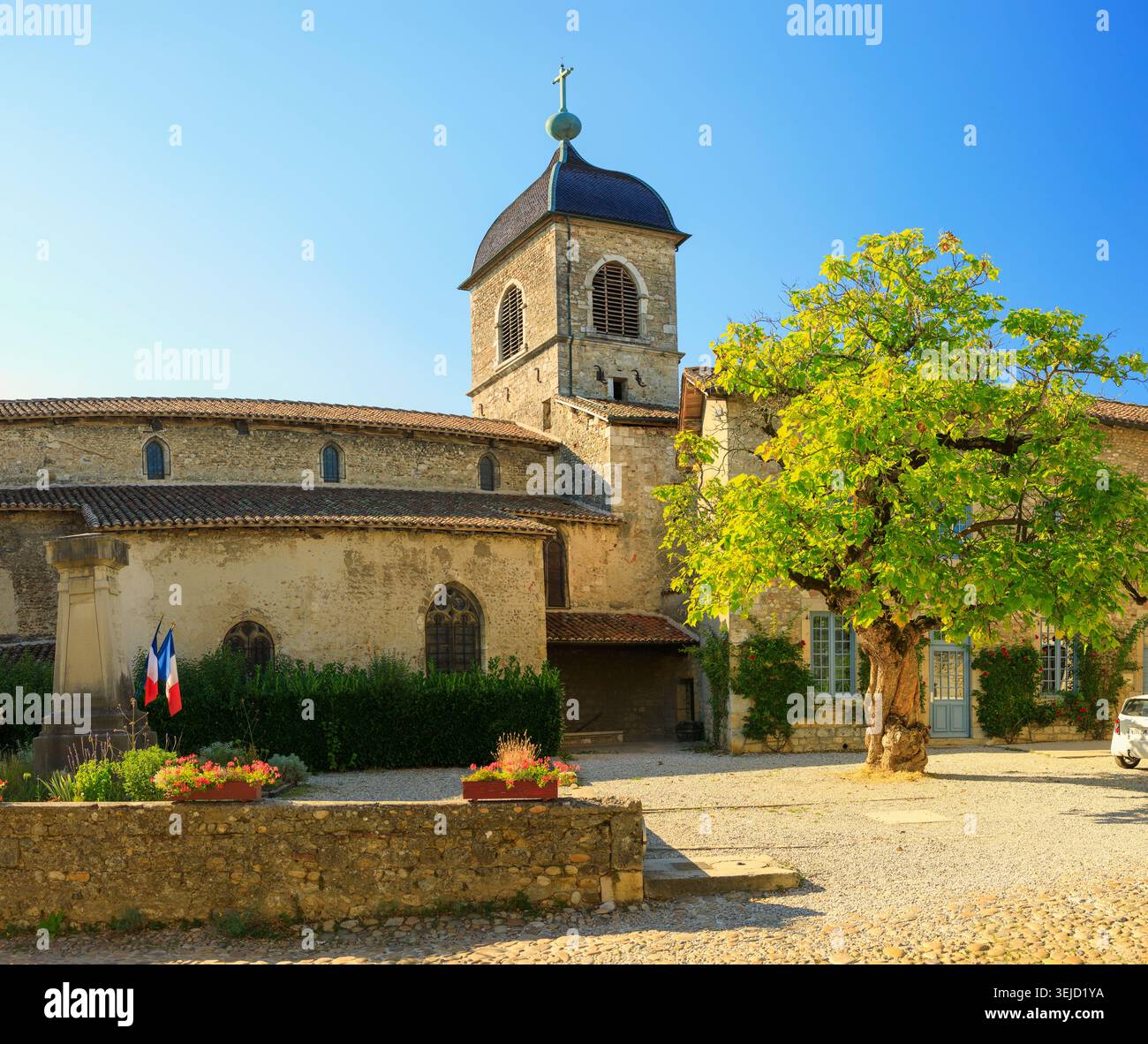 Pérouges, Francia - 21.08.2023: Architettura storica in pietra soleggiata caratterizzata da un campanile e da un vivace albero frondoso in una tranquilla piazza del villaggio Foto Stock