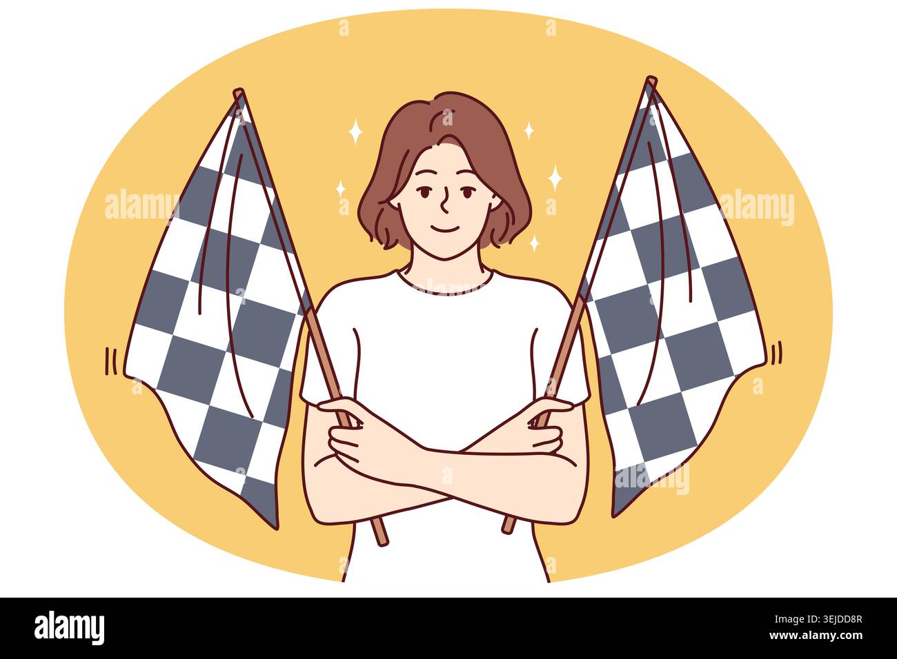Donna che tiene due bandiere a scacchi per segnalare l'inizio della gara automobilistica tra i piloti Foto Stock