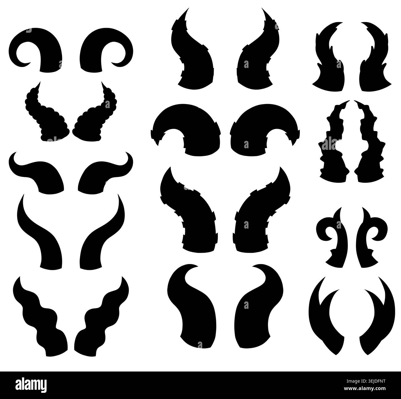 Set vettoriale di silhouette nera di corna demoniache e animali. Collezione di corna fantasy magiche per icone e adesivi di gioco. Set di Halloween. Illustrazione Vettoriale