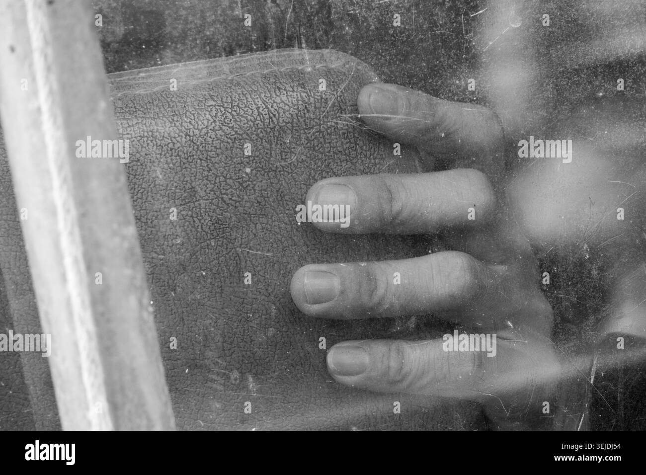 Mano disperata premuta pesantemente contro i vetri dei finestrini smerigliati sporchi che mostrano una profonda sensazione di dolore intrappolata solitaria per aiutare la fotografia monocromatica Foto Stock