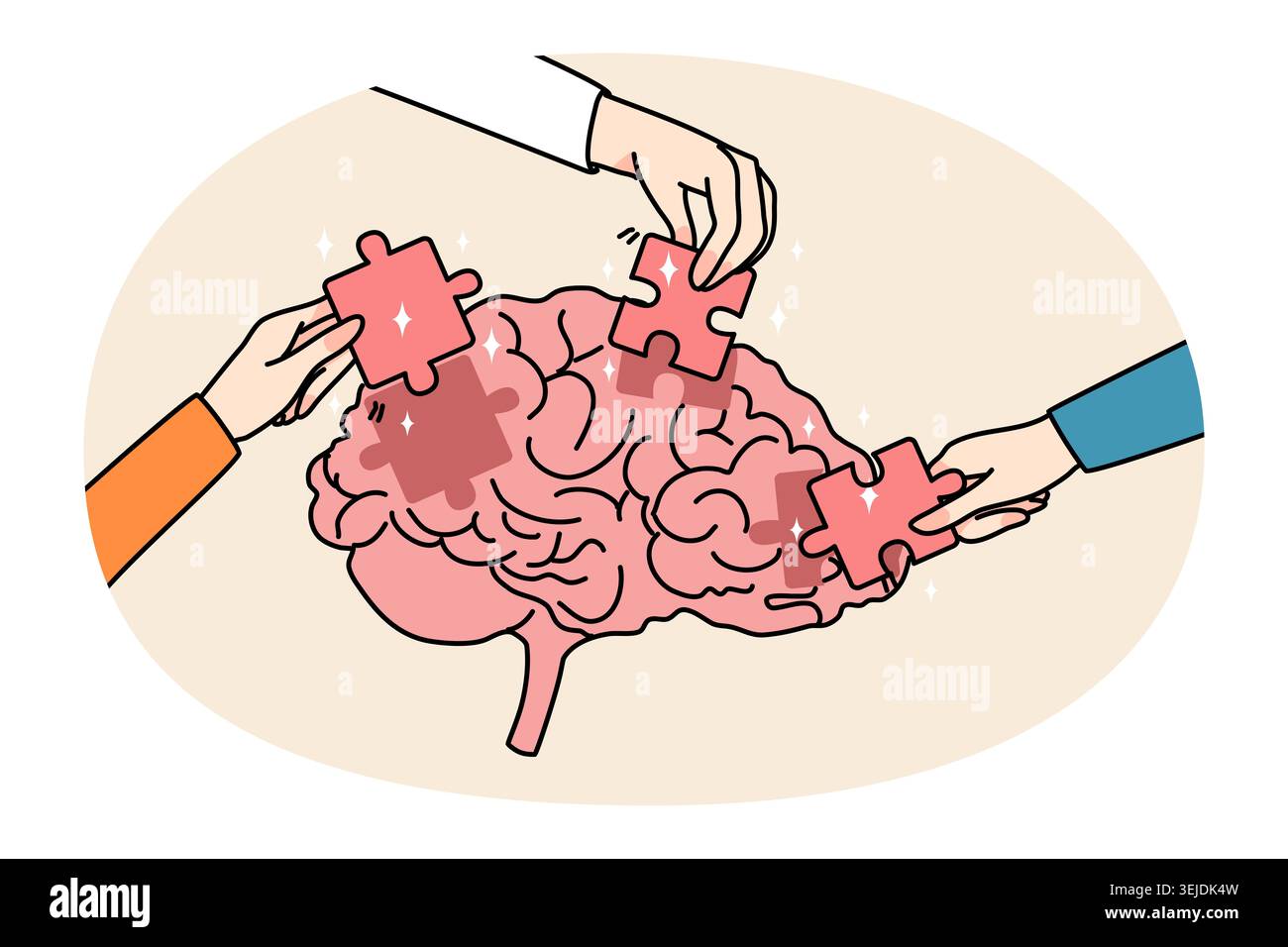 Le mani della gente mettono i puzzle nel cervello Foto Stock