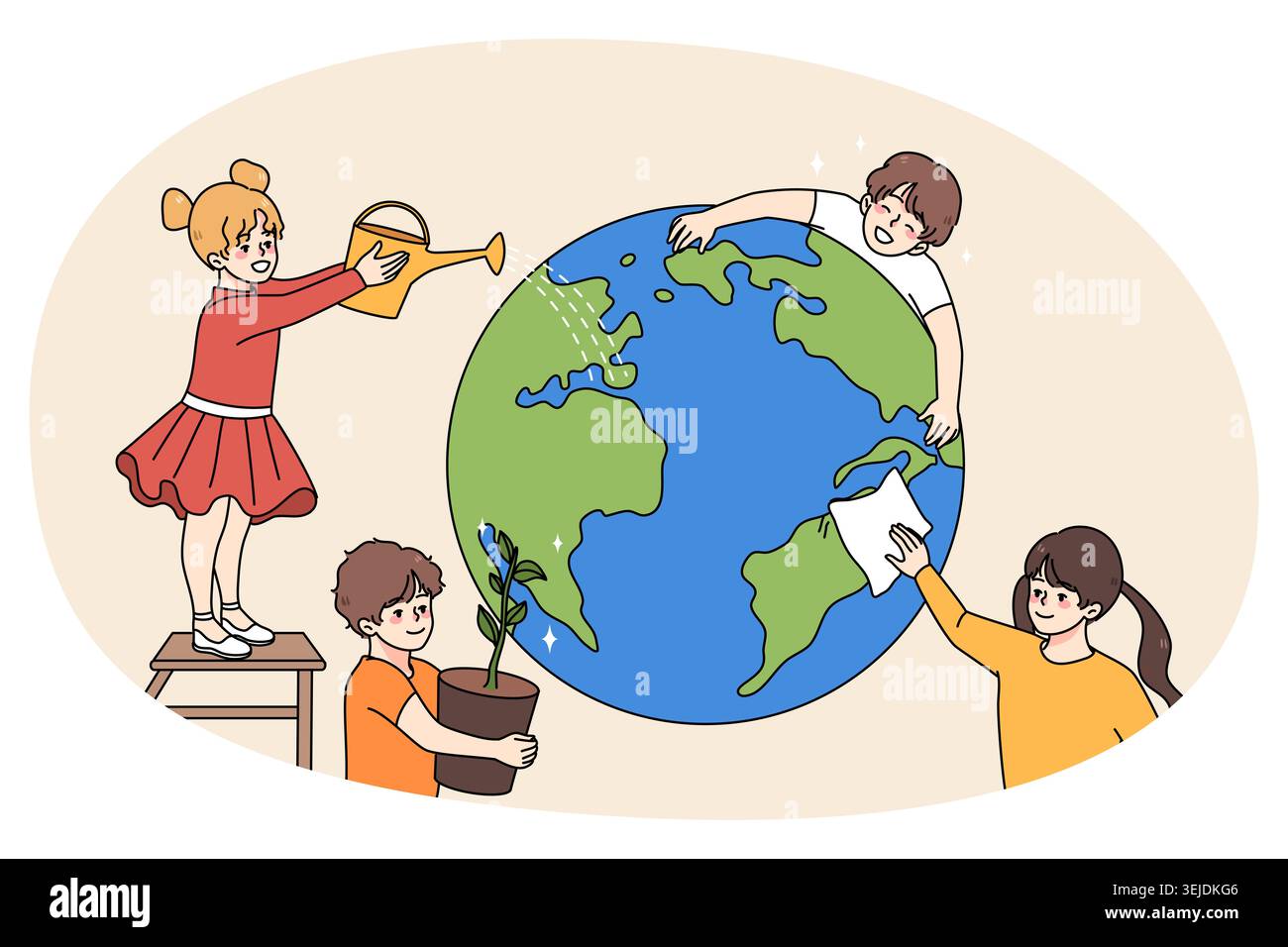 I bambini salvano la pulizia e l'irrigazione del pianeta terra Foto Stock