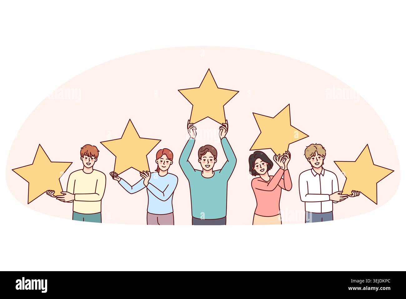 Persone che detengono stelle che danno feedback al cliente Foto Stock