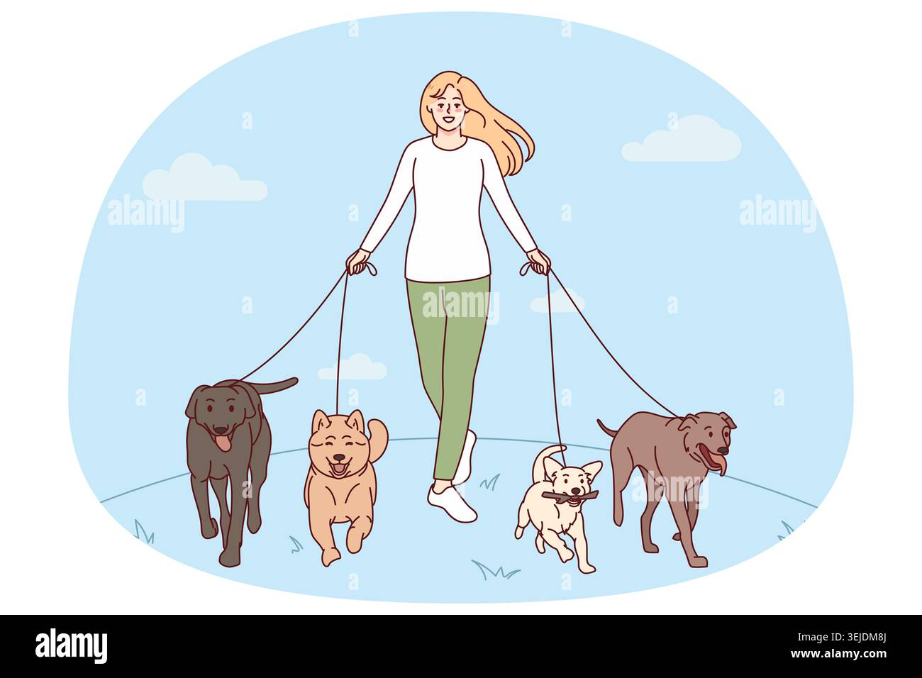 Donna che cammina con i cani sul guinzaglio Foto Stock