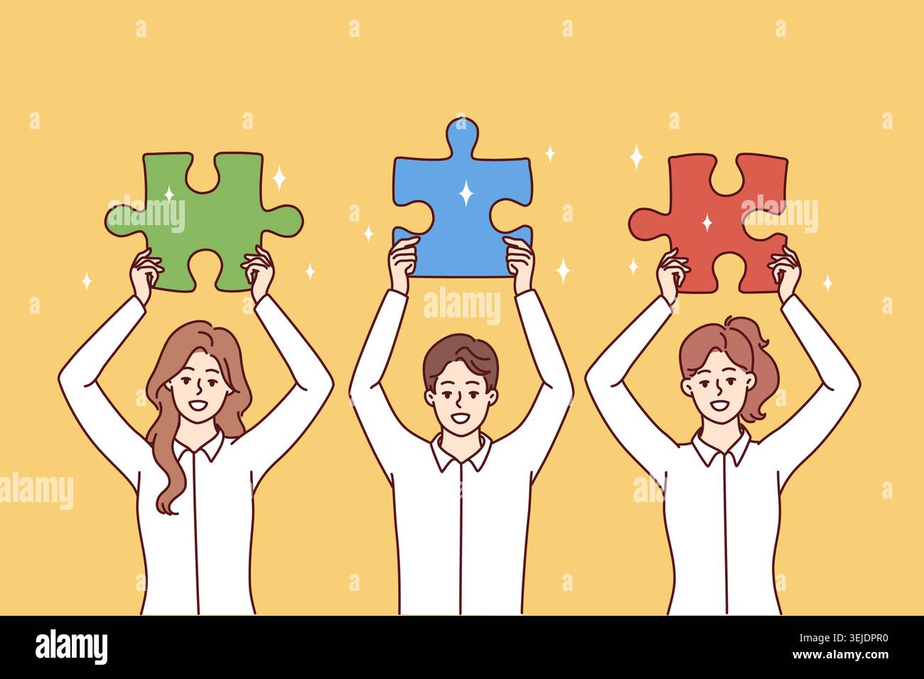 L'avvio di dipendenti di uomini e donne dimostra puzzle per mostrare il lavoro di squadra. Immagine vettoriale Foto Stock