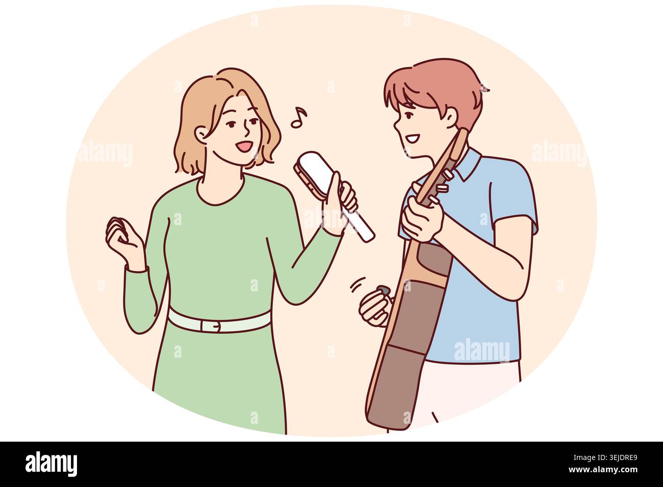 Gruppo musicale di uomo che suona la chitarra e la donna con un sonaglino che prova la nuova melodia. Immagine vettoriale Foto Stock