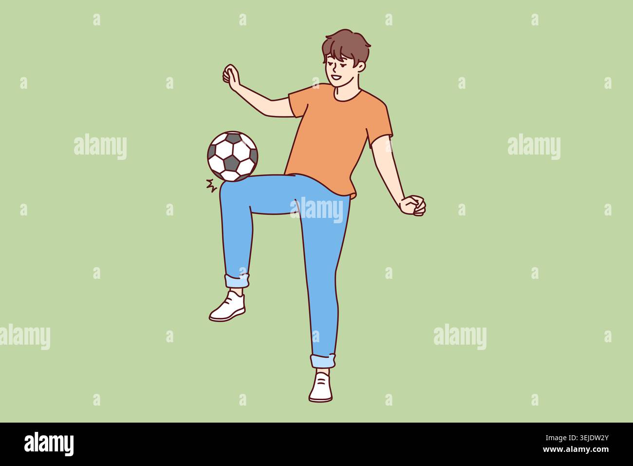 Uomo calci palla di calcio che vuole diventare giocatore di lega principale e competere in competizioni sportive Foto Stock