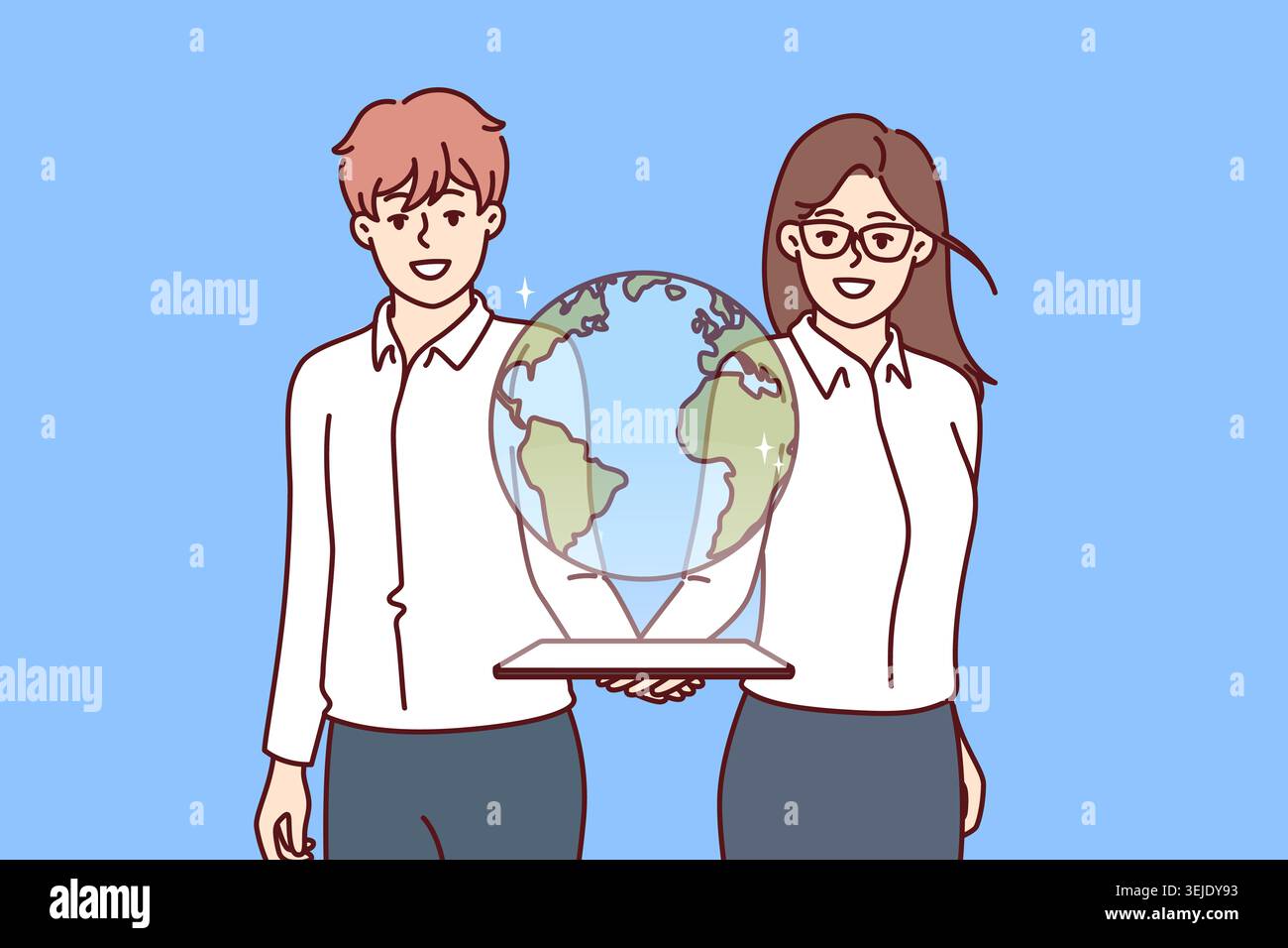 Uomo e donna d'affari con globo virtuale sopra un tablet che simboleggia il business IT internazionale Foto Stock