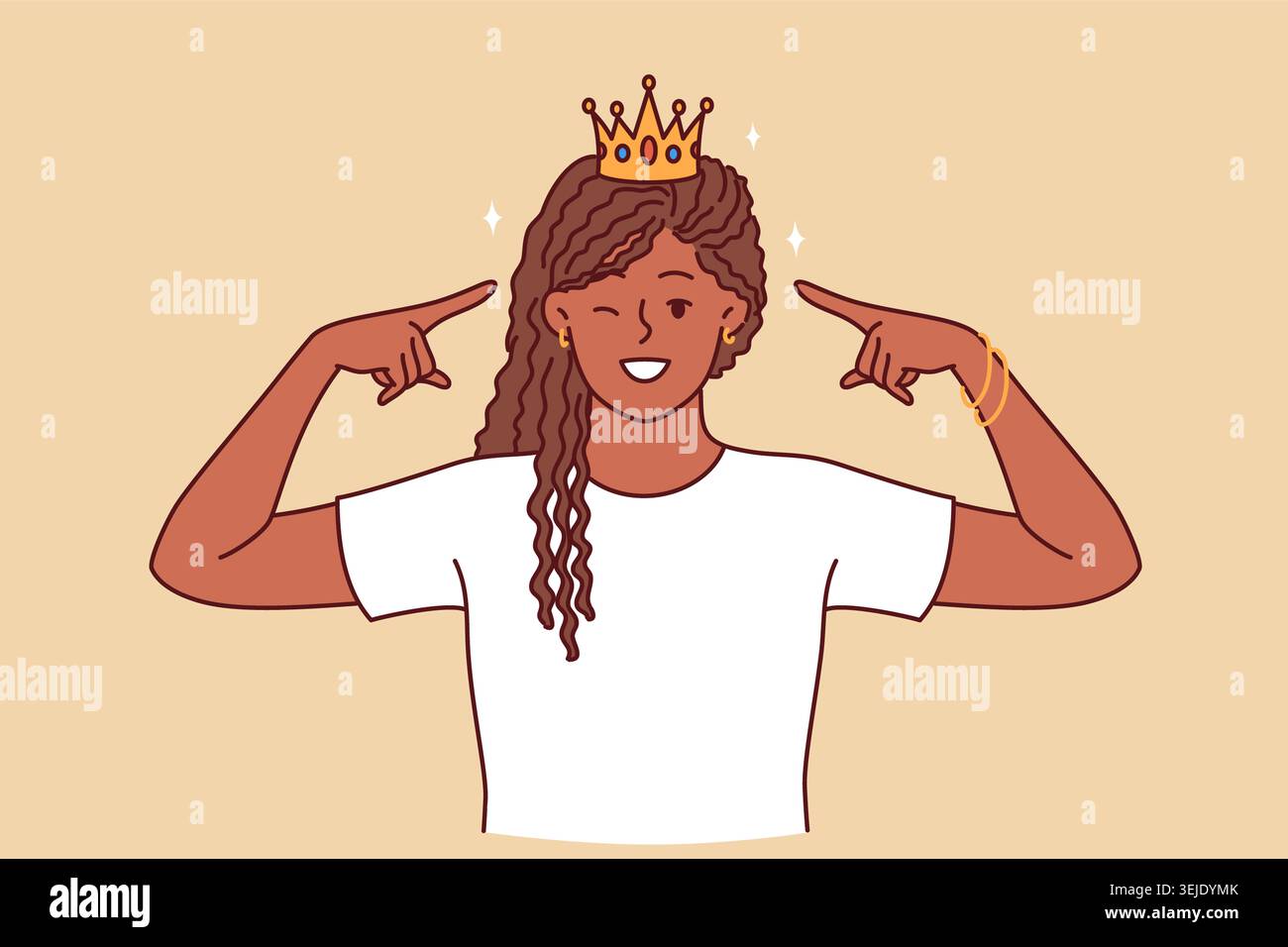 Donna principessa con la corona d'oro sorride e sorride, orgogliosa di diadema vinta in competizione Foto Stock