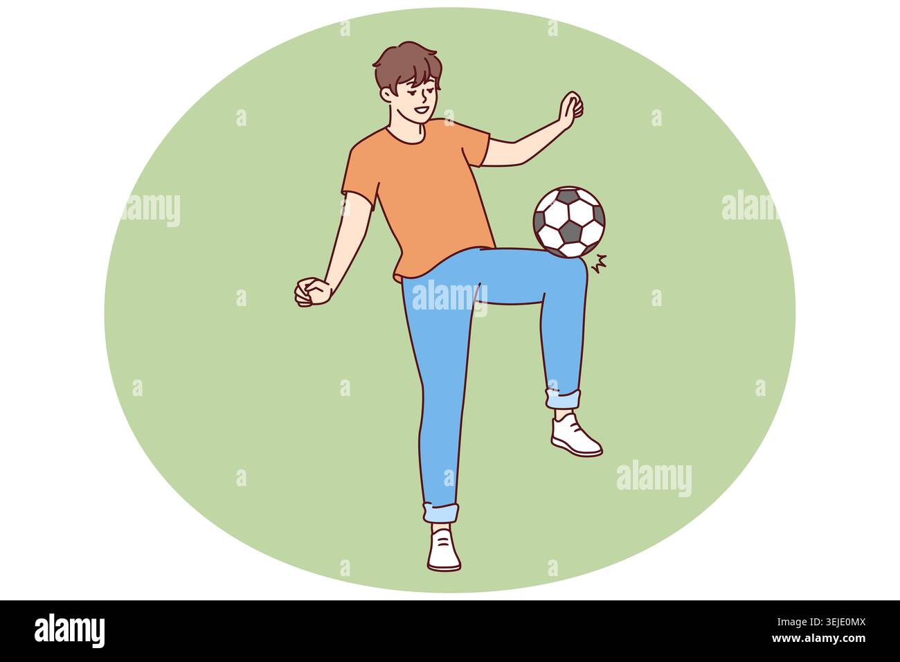Uomo calci palla di calcio che vuole diventare giocatore di lega principale e competere in competizioni sportive Foto Stock