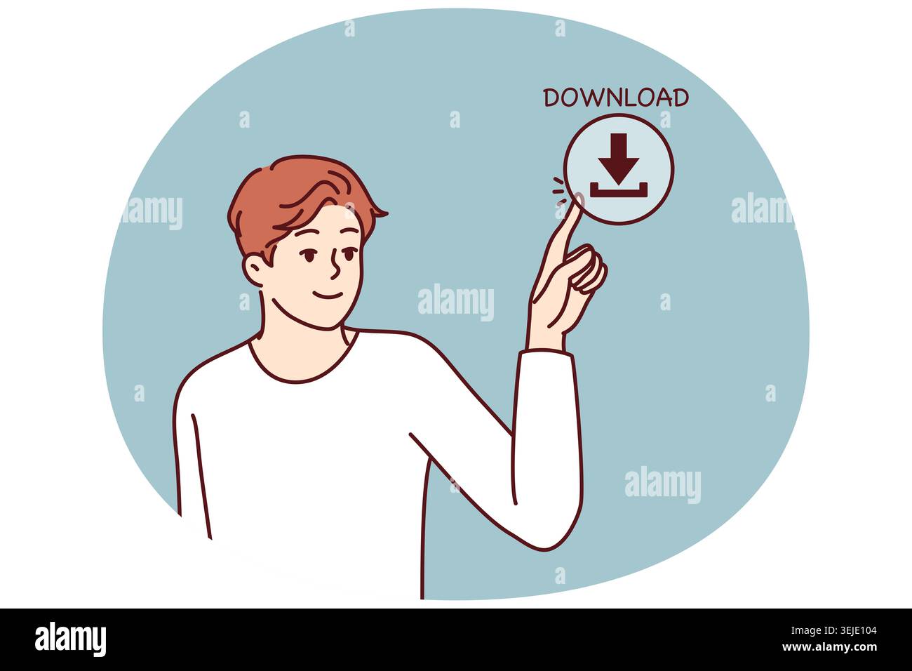 Young man preme il pulsante di download sullo schermo per conoscere il concetto di consumo di contenuti web e di utilizzo della rete Foto Stock