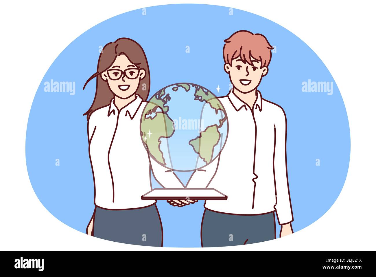 Uomo e donna d'affari con globo virtuale sopra un tablet che simboleggia il business IT internazionale Foto Stock