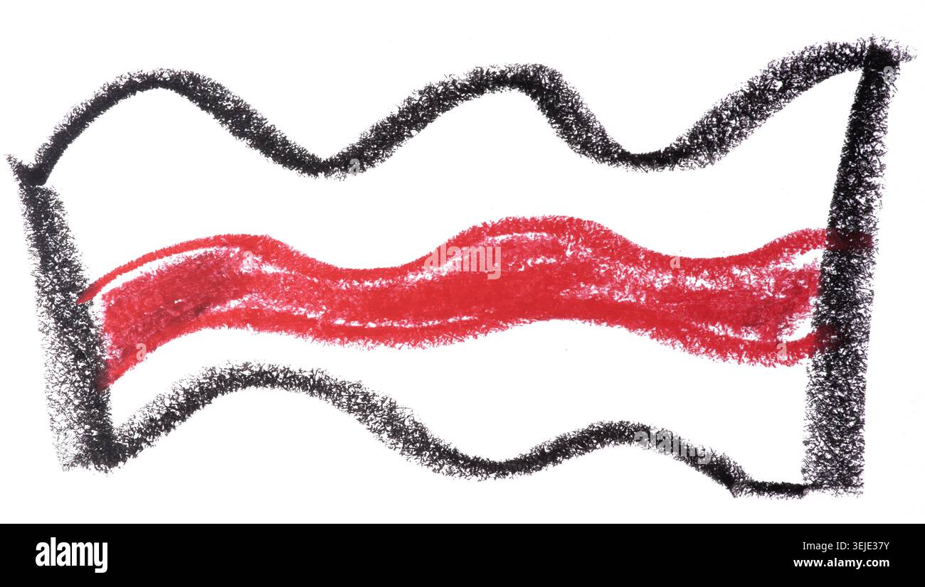 Linee ondulate disegnate con pastello su sfondo bianco. Le linee superiore e inferiore sono nere, mentre la linea centrale è rossa, cr visibile Foto Stock