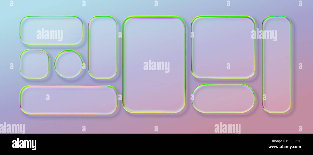 Set di vetro 3d e testo pulsante neon con liquido effetto. Cornice del titolo Web e vetro fare clic su moderno con riquadro ios rotondo. Lente in vetro UI e trasparente Illustrazione Vettoriale