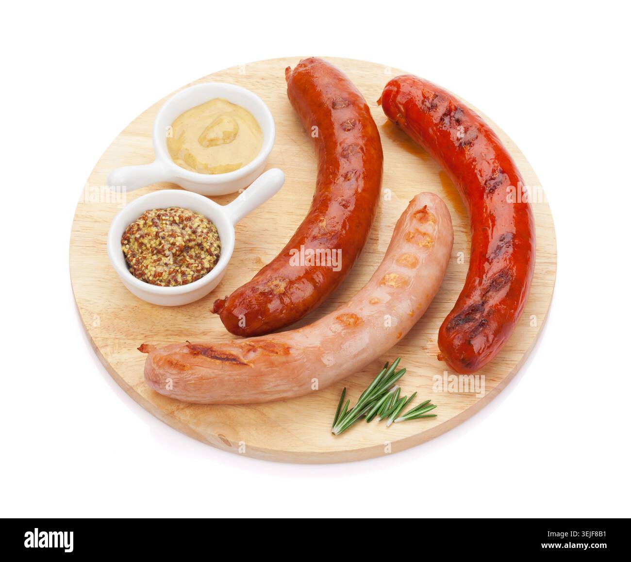 Varie salsicce alla griglia con condimenti Foto Stock