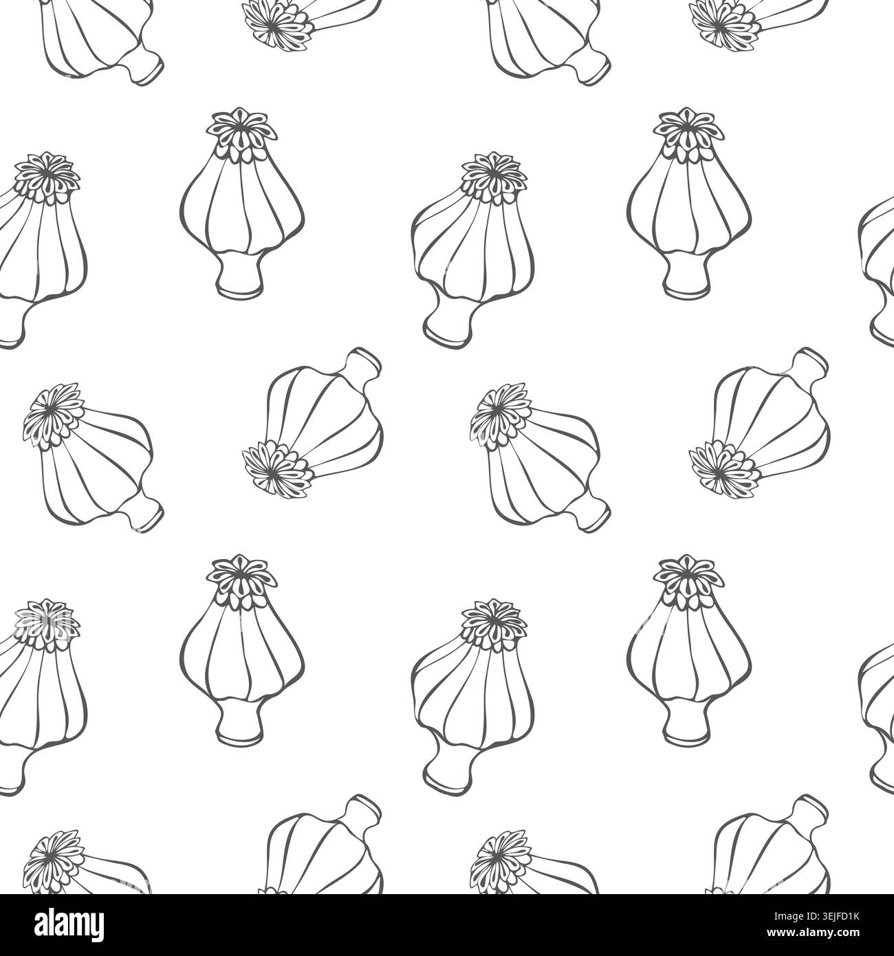 modello senza cuciture con teste di papavero da schizzo su sfondo bianco. Trama floreale in bianco e nero per carta da parati, imballaggi e f. Botanica Illustrazione Vettoriale