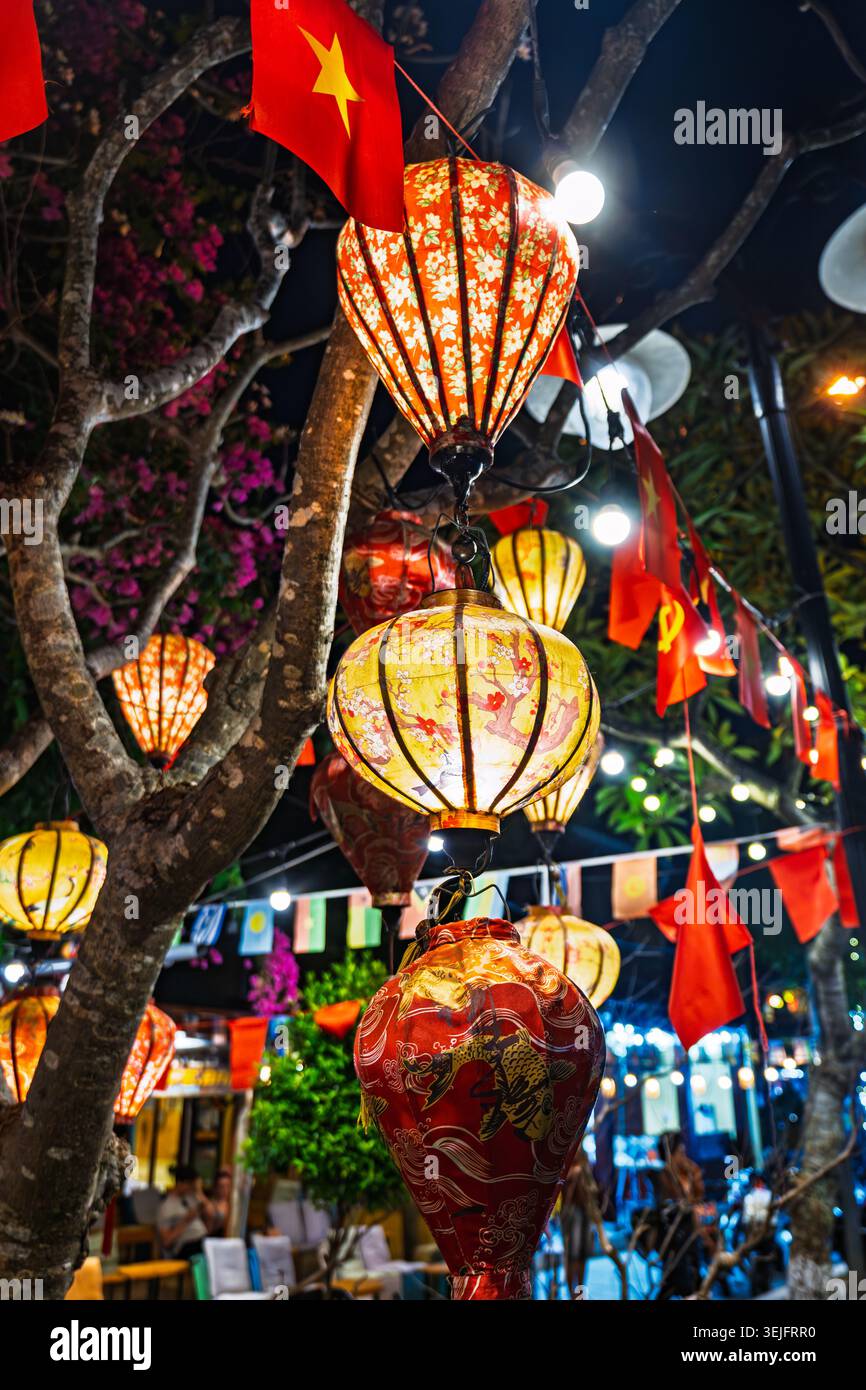 Lanterne vietnamite in mostra nella strada di Hoi An, Vietnam. Lanterne colorate di notte a Hoi An, una città portuale patrimonio dell'umanità dell'UNESCO. Foto Stock