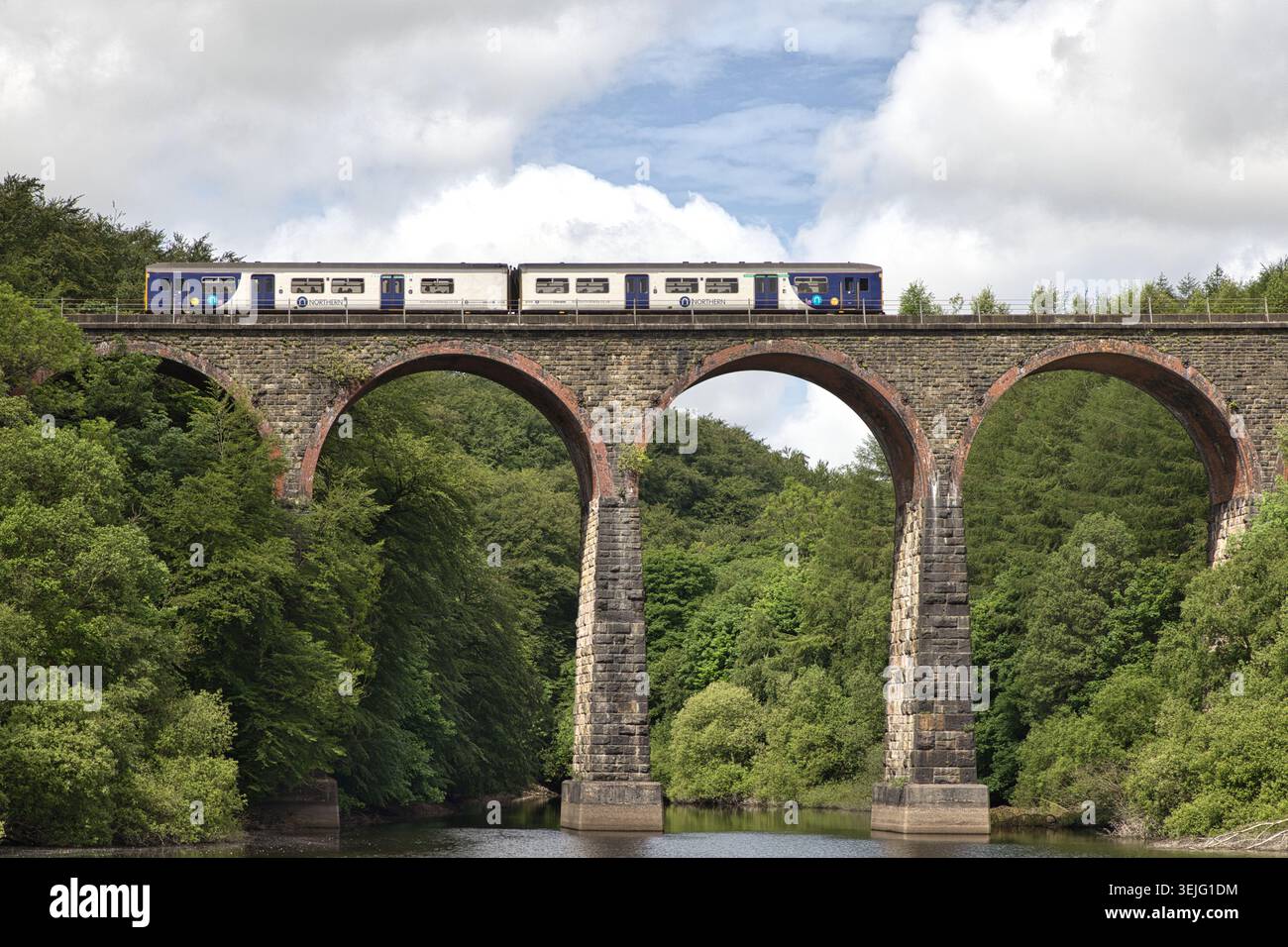 Un treno passeggeri a due carrozze Nord è perfettamente centrato mentre attraversa l'imponente viadotto Armsgrove sulle calme acque del lago Wayoh Reservoir. Foto Stock