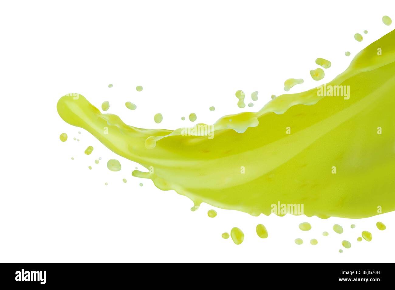 Flusso di succo fresco di kiwi verde con spruzzi dinamici, gocce volanti, isolato su sfondo bianco. Succo di verdura verde. Healt Foto Stock